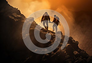 Hikers climbing on rock, mountain at sunset, one of them giving hand and helping to climb. Help, support, assistance in