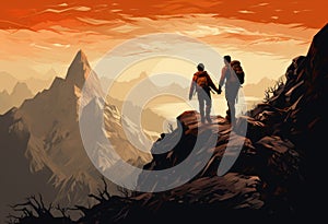 Hikers climbing on rock, mountain at sunset, one of them giving hand and helping to climb. Help, support, assistance in
