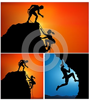 Hikers climbing up mountain. Silhouette of helping hand between two climber. couple hiking help each other