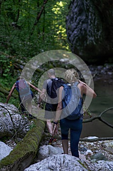 Hikers exploring a canyon