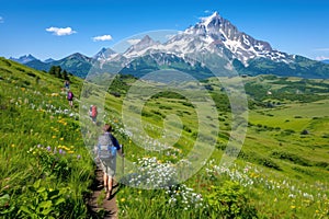 Hikers exploring vibrant mountain trail with rocky outcroppings, treelined paths, and wildflowers. Joyful expressions, m photo