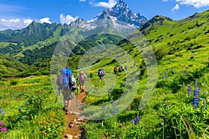 Hikers exploring vibrant mountain trail with rocky outcroppings, treelined paths, and wildflowers. Joyful expressions, m photo