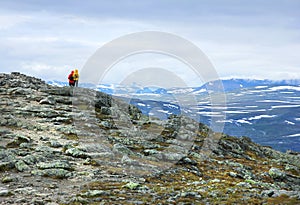 Hikers on fell top in Lapland Scandinavia