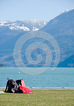 Hikers gear at rest on Harrison lake