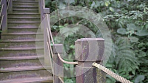 The hikers go downstairs wooden walkway at Wanggu Waterfall