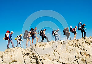 Hikers group trekking in Crimea