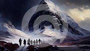 Hikers Group Trekking A Snowy Mountain Landscape Background AI Generative