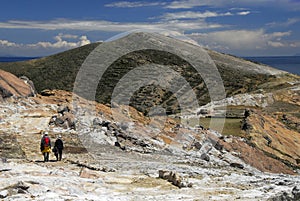 Hikers on Inca Trail on Isla del Sol with Titicaca