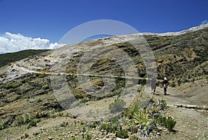 Hikers on Inca Trail on Isla del Sol with Titicaca