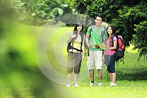 Hikers Looking The Map In Countryside