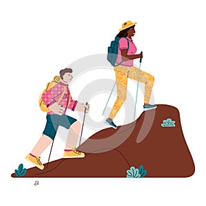 Hikers man and woman climb the hill, cartoon vector illustration isolated.