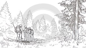 Hikers in a forest, line art, black and white sketch of people trekking through trees