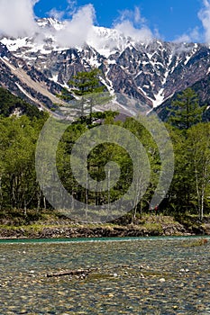 Hikers next to a clear river in front of huge, snowcapped mountains (Hotaka range