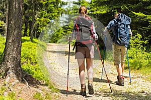 Hikers on path with trekking poles