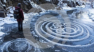 A hikers peaceful retreat stumbling upon captivating ice circles in the midst of a winter walk photo