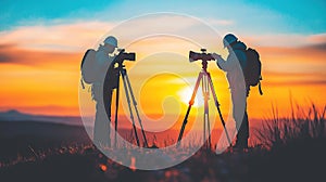 Hikers photographing sunrise landscape