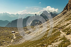 Hikers on the popular trail from Rif. Auronzo to Monte Paterno arrive at Patern