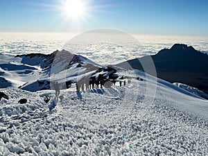 Hikers on the ridge ascend mount kilimanjaro the tallest peak in africa