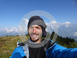 Hikers selfie on Poon Hill, Dhaulagiri range, Nepal