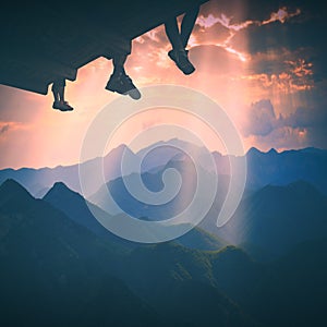 Hikers sit above the valley. Instagram stylisation