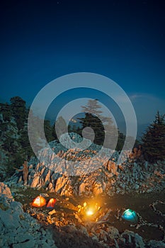 Hikers sitting near the campfire under the starry sky