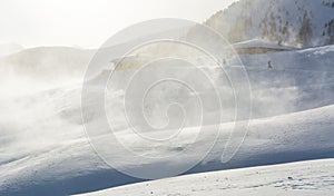 Snowstorm in the mountains at winter time. Mountains of Trentino Alto Adige, South Tyrol