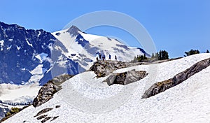 Hikers Snowfields Artist Point Glaciers Mount Shuksan Washington photo