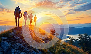 Hikers summit at sunrise, mountain views