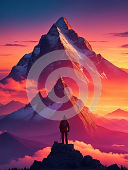 Hikers on a summit in a wintry mountain landscape