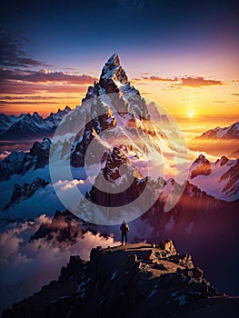 Hikers on a summit in a wintry mountain landscape