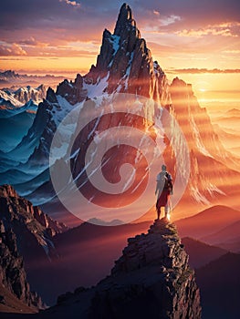 Hikers on a summit in a wintry mountain landscape