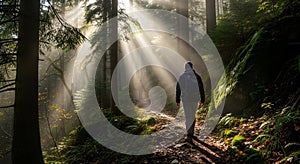 Hikers in Sunlit Forest Path