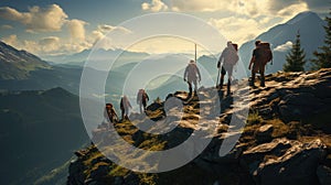 Hikers with team climbing mountain top, Business, teamwork, success, help and goal concept