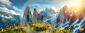 Hikers travel in the mountains in summer. Summer journey among the blooming meadows. Sunset trekking