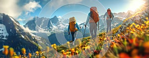 Hikers travel in the mountains in summer. Summer journey among the blooming meadows. Sunset trekking