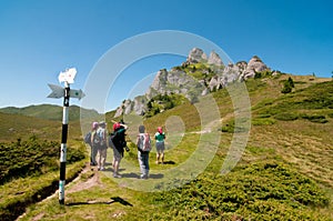 Hikers traveling in the Ciucas Mountains, Romania