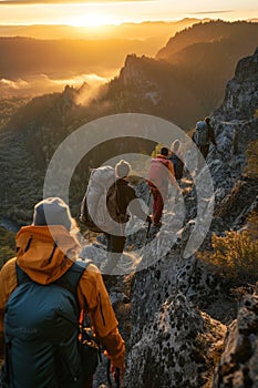 Hikers traverse rocky mountain path at sunrise with misty forest below.