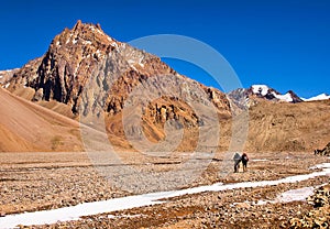 Hikers trekking in the Andes, South America