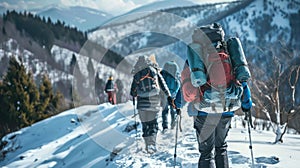 Hikers trekking in snowy mountain landscape