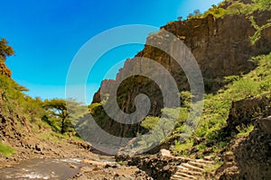 Hikers walking on the banks of Ngare Sero River in Tanzania