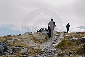 hikers walking next to low clouds in Sierra Nevada