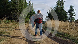 Hikers walking on road in forest. Couple of tourists trekking in mountains