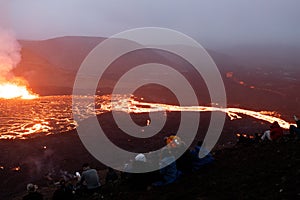 Hikers Watching Meradalir Eruption of Fagradalsfjall Volcano in Iceland 2022 photo