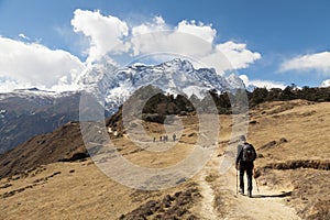 Hikers on the way to Everest Base Camp, beautiful sunny weather and spectacular views