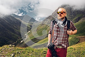 Hiking Adventure Blogger Travel Concept. Handsome Male Traveler
