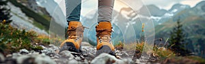 Hiking Adventure: Woman\'s Feet on Mountain Trail Closeup