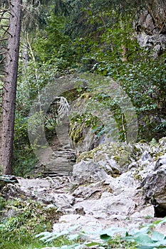 Hiking along the canyon Gorges Mysterieuses de Tete Noire in Trient, region of Martigny in Valais, Swiss Alps, Switzerland