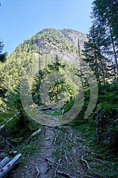 Hiking along the canyon Gorges Mysterieuses de Tete Noire in Trient, region of Martigny in Valais, Swiss Alps, Switzerland