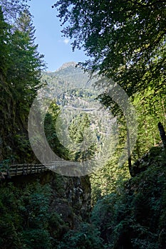 Hiking along the canyon Gorges Mysterieuses de Tete Noire in Trient, region of Martigny in Valais, Swiss Alps, Switzerland