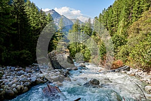 Hiking along the watercourse of Bisse of Trient in the Swiss alps in the region of Martigny in Valais, Switzerland